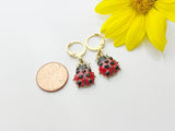Gold Ladybug Earrings, Cute Red Black Ladybug Insect Dangle or Buggies Hoop Earrings, N3242