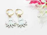 Gold Octopus Dangle Earrings, Sea Blue Enamel Jewelry