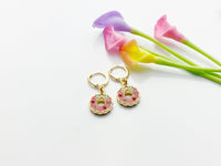 Gold Wreath Earrings, Red Green Wreath Flower Jewelry, N3256