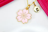 Gold Pink Japanese Cherry Blossom Necklace, Gift for Girlfriend, Anniversary, Valentine's Day, Birthday, Thank You, Personalized, N3361