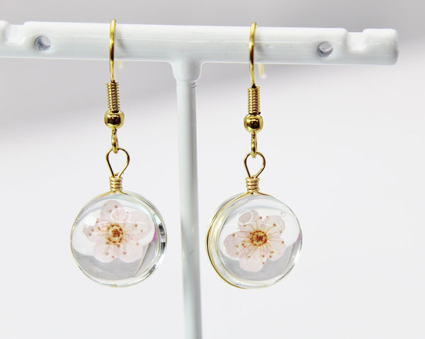 Gold Pink Cherry Blossom Earrings, Press Flower, Mother's Day Gift, Mother Earrings, Mother Daughter Gift, Gardener Gift, Press Flower N3275