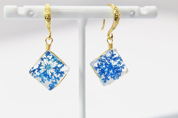 Gold Blue Press Flower Earrings, Press Wild Flower, Mother's Day Gift, Mother Earrings, Mother Daughter Gift, Gardener Gift, N3277