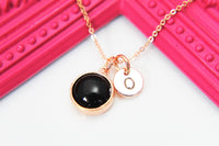 Black Stone Necklace, Rose Gold Necklace, Natural Gemstone Jewelry, N3376