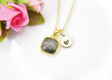 Gold Labradorite Necklace, Natural Gemstone Pendant, Initial Charm, N3436