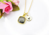 Gold Labradorite Necklace, Natural Gemstone Pendant, Initial Charm, N3436