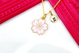 Gold Pink Japanese Cherry Blossom Necklace, Gift for Girlfriend, Anniversary, Valentine's Day, Birthday, Thank You, Personalized, N3361