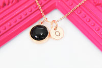 Black Stone Necklace, Rose Gold Necklace, Natural Gemstone Jewelry, N3376