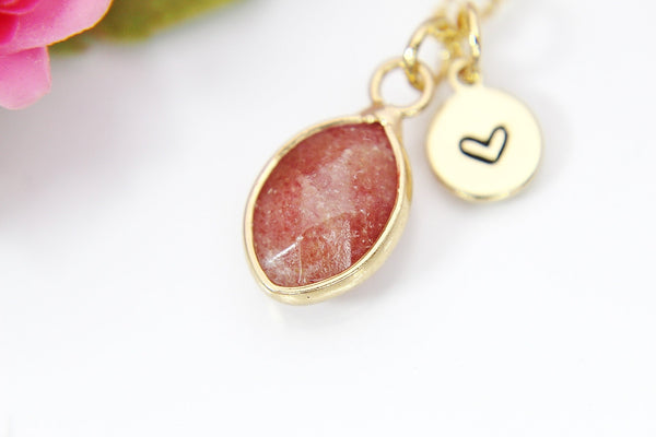 Strawberry Quartz Necklace, Teardrop, Natural Gemstone Jewelry N3430