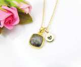 Gold Labradorite Necklace, Natural Gemstone Pendant, Initial Charm, N3436