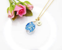 Best Mother's Day Gift, Gold Press Flower Blue Necklace, Gift for Gardener Plant Lover, Christmas Gift, Loves to Garden, Woman, N3456