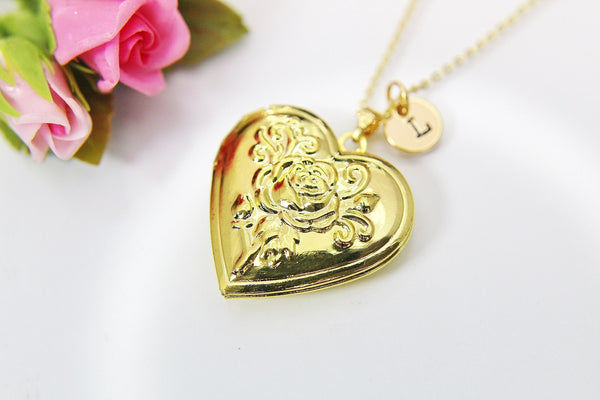 Best Mother's Day Gift for Mom, Grandmother, Great Grandma, Aunt, Gold Rose Necklace, Flower Locket, Keepsake Photo Frame Charm, N3151