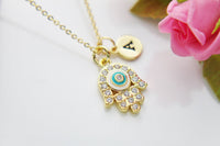 Gold Hamsa Evil Eye Necklace, Hamsa Evil Eye Charm, Personalized Gift, N3483