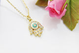 Gold Blue Mint Evil Eye Necklace, Hamsa Evil Eye Charm, N3484
