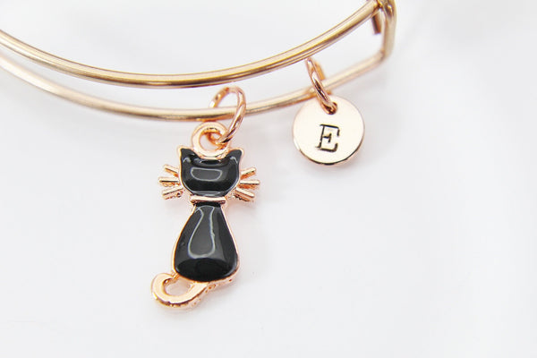 Rose Gold or Gold Black Cat Bracelet, Rose Gold Cat Bracelet, Animal Charm, Pet Gift, N2994A