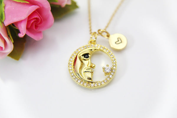 Moon Star Necklace, Gold Crescent Moon Face Star, Birthday Gift, Graduation Gift, Christmas Gift, Thank You Gift, Appreciation Gift, N3552