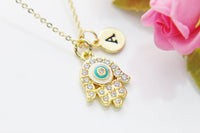 Gold Hamsa Evil Eye Necklace, Hamsa Evil Eye Charm, Personalized Gift, N3483
