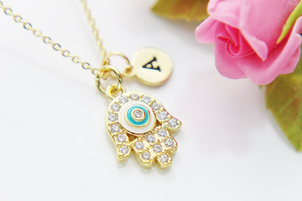 Gold Hamsa Evil Eye Necklace, Hamsa Evil Eye Charm, Personalized Gift, N3483