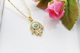 Gold Blue Mint Evil Eye Necklace, Hamsa Evil Eye Charm, N3484