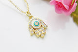Gold Blue Mint Evil Eye Necklace, Hamsa Evil Eye Charm, N3484