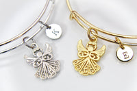 Silver or Gold Guardian Angel Wing Bracelet, Personalized Initial Gift, N286C