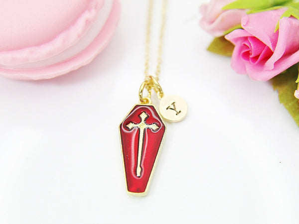 Halloween Necklace, Red Coffin Cross, Fall Autumn Gift, Personalized, Christmas Gift, Birthday Gift, Appreciation Gift, Thank You Gift N3686