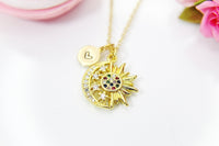 Christmas Gifts for Mom, Gold Cubic Zirconia Moon with Sun Charms Necklace N3803