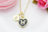 Gold Pisces Heart Charm Necklace, Constellations Option, Constellation Jewelry, N3818