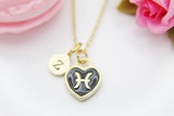 Gold Pisces Heart Charm Necklace, Constellations Option, Constellation Jewelry, N3818