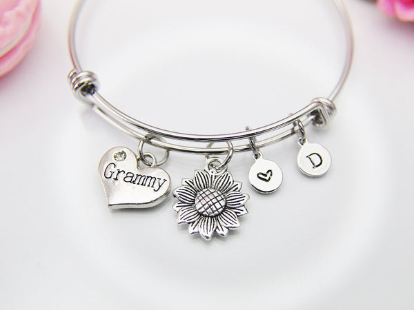 Best Christmas Gift Grammy Bracelet, Silver Sunflower Charm Bangle, Sunflower Charm, Grammy Charm, Grandma Gift, Personalized Gift, N3919