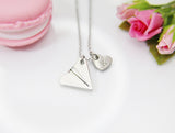 Paper Airplane Necklace, Personalized Heart Charm, Traveler Gift