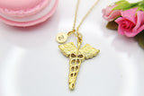 Gold Caduceus Necklace, Doctor Nurse Medical Student Graduation Gift, Christmas Gift, Thank You Gift, Mom Gift, Aunt Gift, Sister Gift,N3864