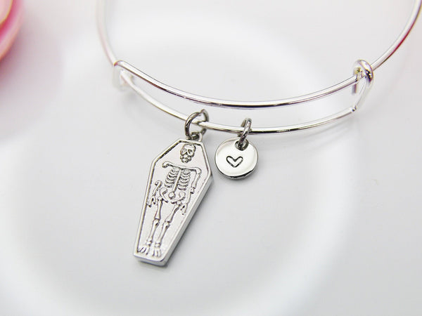 Best Halloween Gift for Best Friends, Girlfriends, Sister, Soul Sisters, Daughter, Silver Coffin Skeleton Bracelet, Personalized Gift, N3879
