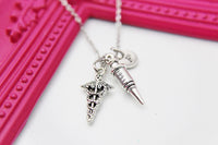 Best Christmas Gift for Doctor Nurse, Medical Syringe Caduceus Necklace, Medical School Gift, Phlebotomy, Phlebotomist Gift, N1998