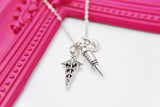 Best Christmas Gift for Doctor Nurse, Medical Syringe Caduceus Necklace, Medical School Gift, Phlebotomy, Phlebotomist Gift, N1998