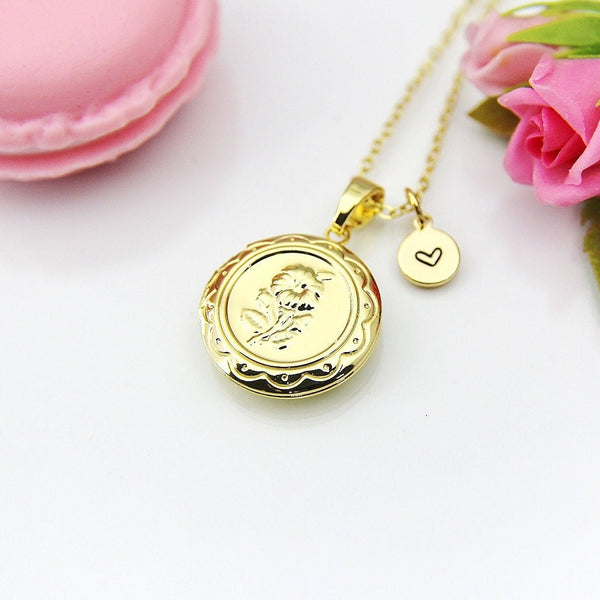 Best Valentine Gift for Sister, Daughter, Girlfriend, Best Friends, Gold Flower Locket Necklace, Love, Keepsake Photo Frame, N4049