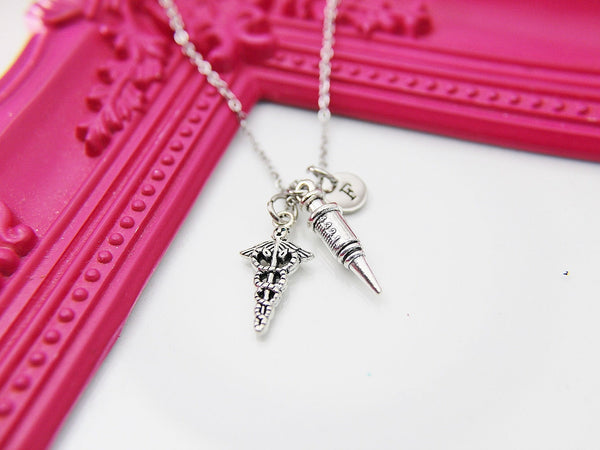 Best Christmas Gift for Doctor Nurse, Medical Syringe Caduceus Necklace, Medical School Gift, Phlebotomy, Phlebotomist Gift, N1998