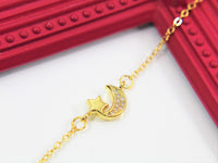 Crescent Moon Star Necklace, Gold Crescent Moon Star Cubic Zirconia Necklace, Birthday Gift, N4215