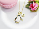 Gold Penguin Initial Necklace, Wildlife Gift, Personalized Jewelry, N4342
