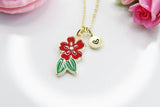 Cherry Blossom Necklace, Red Flower Sweet Necklace Gifts, Best Birthday Gifts, Personalized Initial Gift, N4351