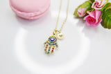 Gold Hamsa Evil Eye Necklace, Personalized Initial Gift, N4360