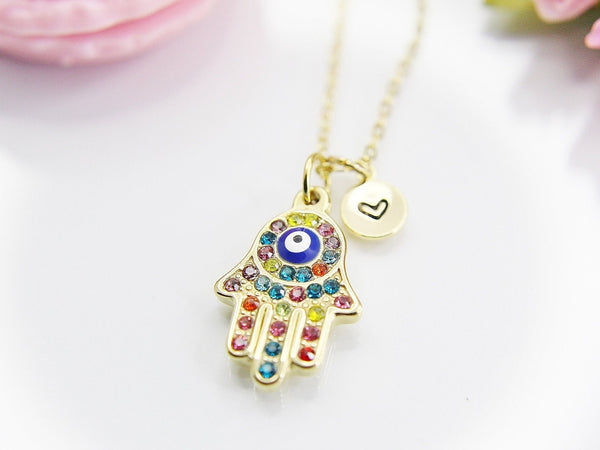 Gold Hamsa Evil Eye Necklace, Personalized Initial Gift, N4360