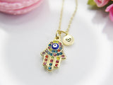 Gold Hamsa Evil Eye Necklace, Personalized Initial Gift, N4360