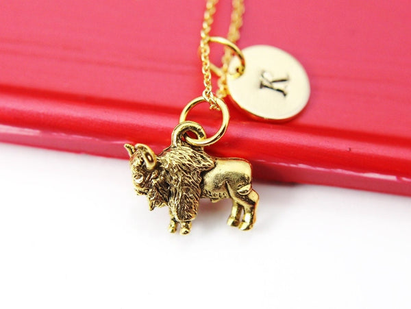 Buffalo Necklace, Gold Buffalo Animal Necklace Gifts, Best Birthday Gifts, Retirment Gifts, Personalized Initial Gift, N4363