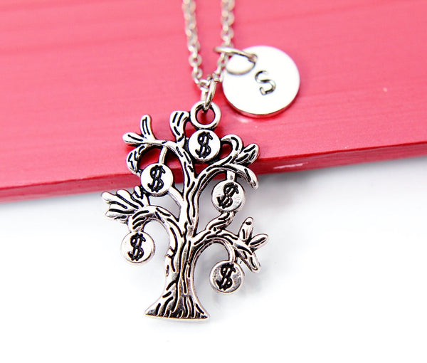 Money Tree Necklace, Money Tree Dollar Sign Necklace, Best Birthday Gift, Retirment Gift, Personalized Initial Gift, N4376