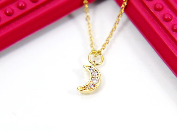 Moon Necklace, Gold TINY Crescent Moon Cubic Zirconia Necklace, Birthday Gift, N4213