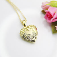Gold Flower Heart Locket Necklace, Best Valentine's Day Gift for Girlfriend from Boyfriend, Birthday Gift, N4221