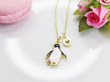 Gold Penguin Initial Necklace, Wildlife Gift, Personalized Jewelry