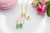 Sakura Necklace, Pink Flower Japanese Cherry Blossom Sweet Necklace Gifts, Best Birthday Gifts, Personalized Initial Gift, N4350