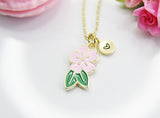 Sakura Necklace, Pink Flower Japanese Cherry Blossom Sweet Necklace Gifts, Best Birthday Gifts, Personalized Initial Gift, N4350