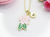 Sakura Necklace, Pink Flower Japanese Cherry Blossom Sweet Necklace Gifts, Best Birthday Gifts, Personalized Initial Gift, N4350